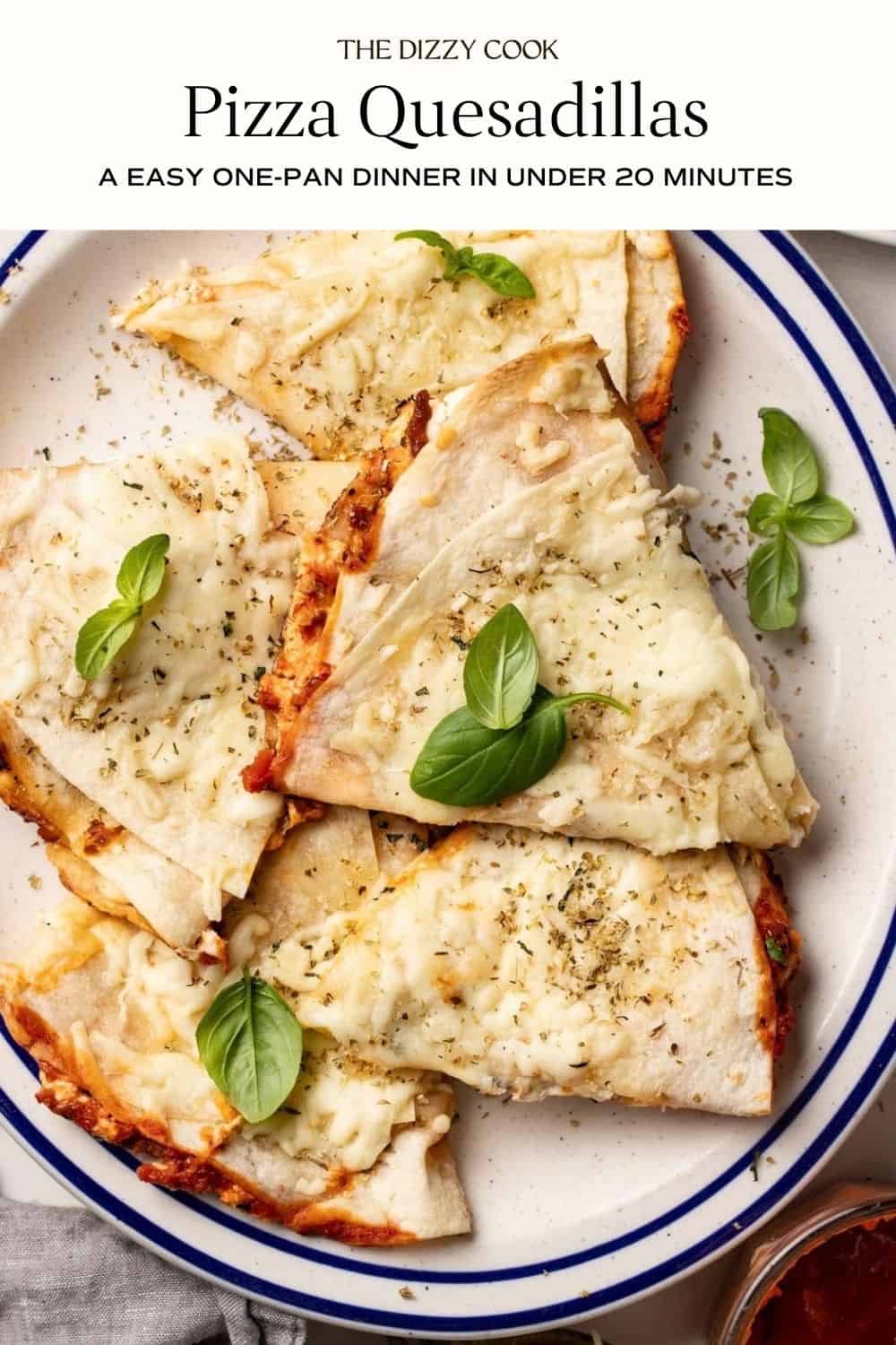 Pizza quesadillas on a plate.