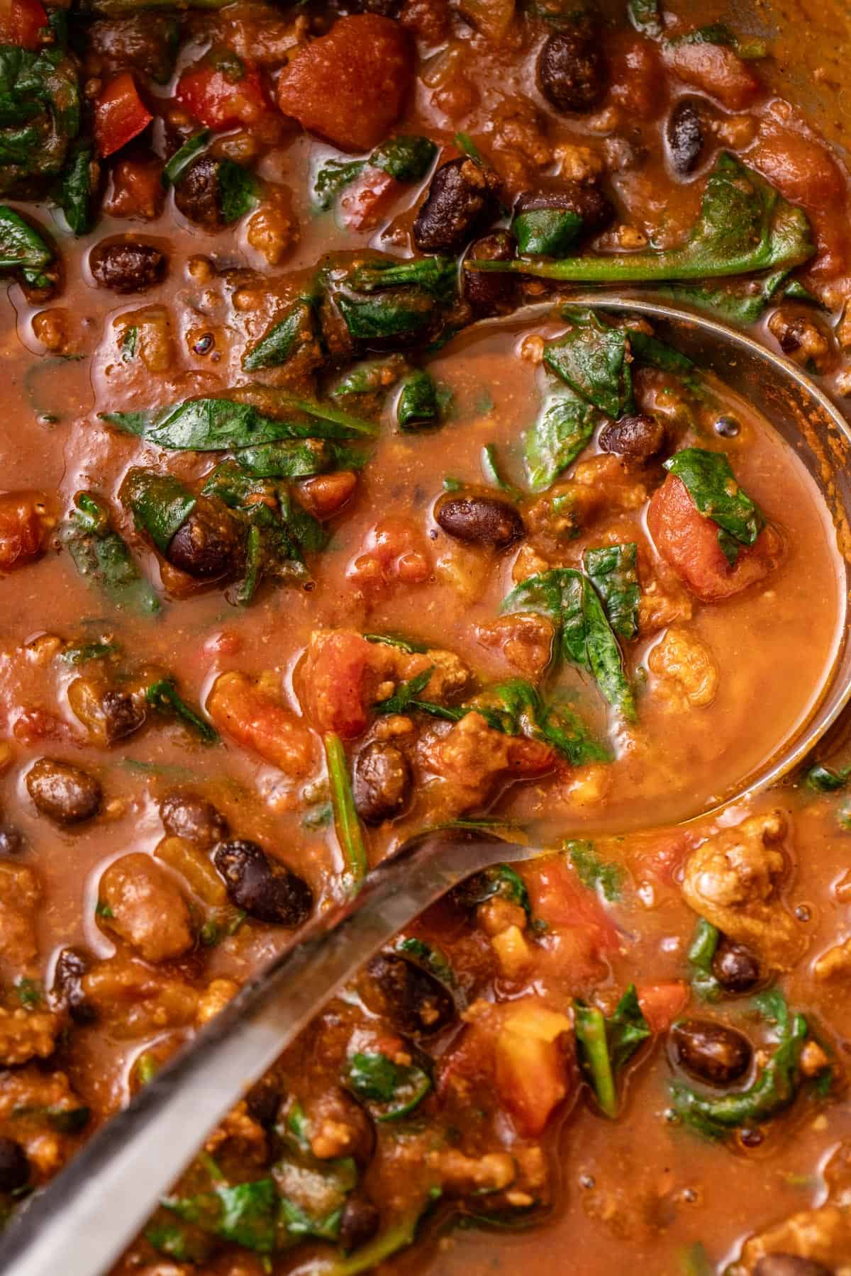 A ladle scooping a rich ground beef chili with spinach.