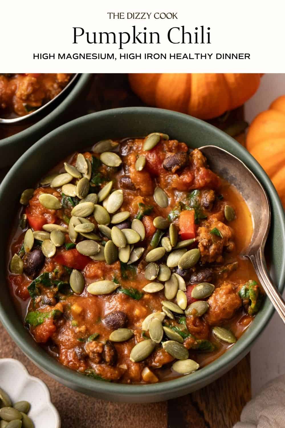 Ground beef pumpkin chili in a bowl.
